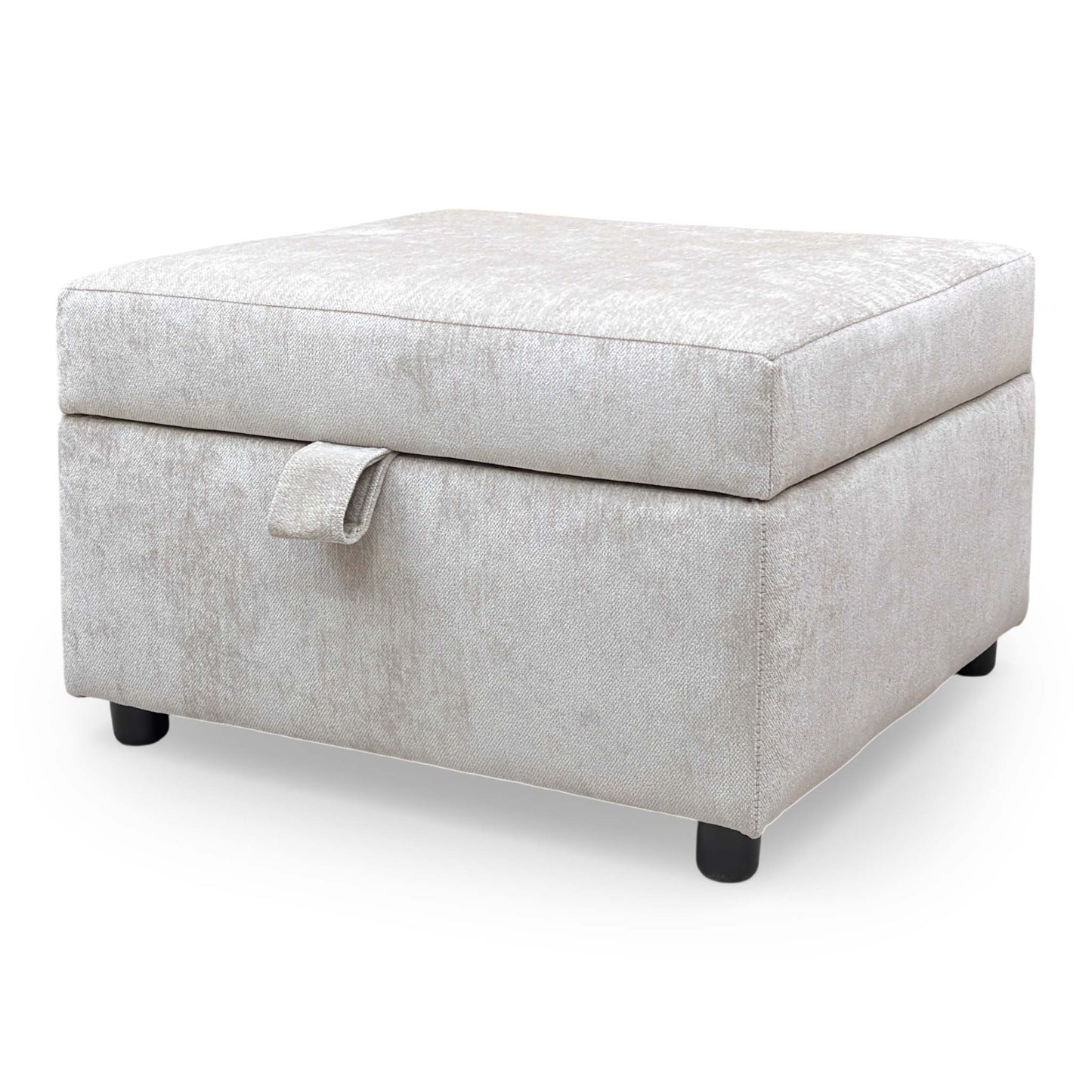 Side view of the truffle fabric footstool, demonstrating its compact and functional design.