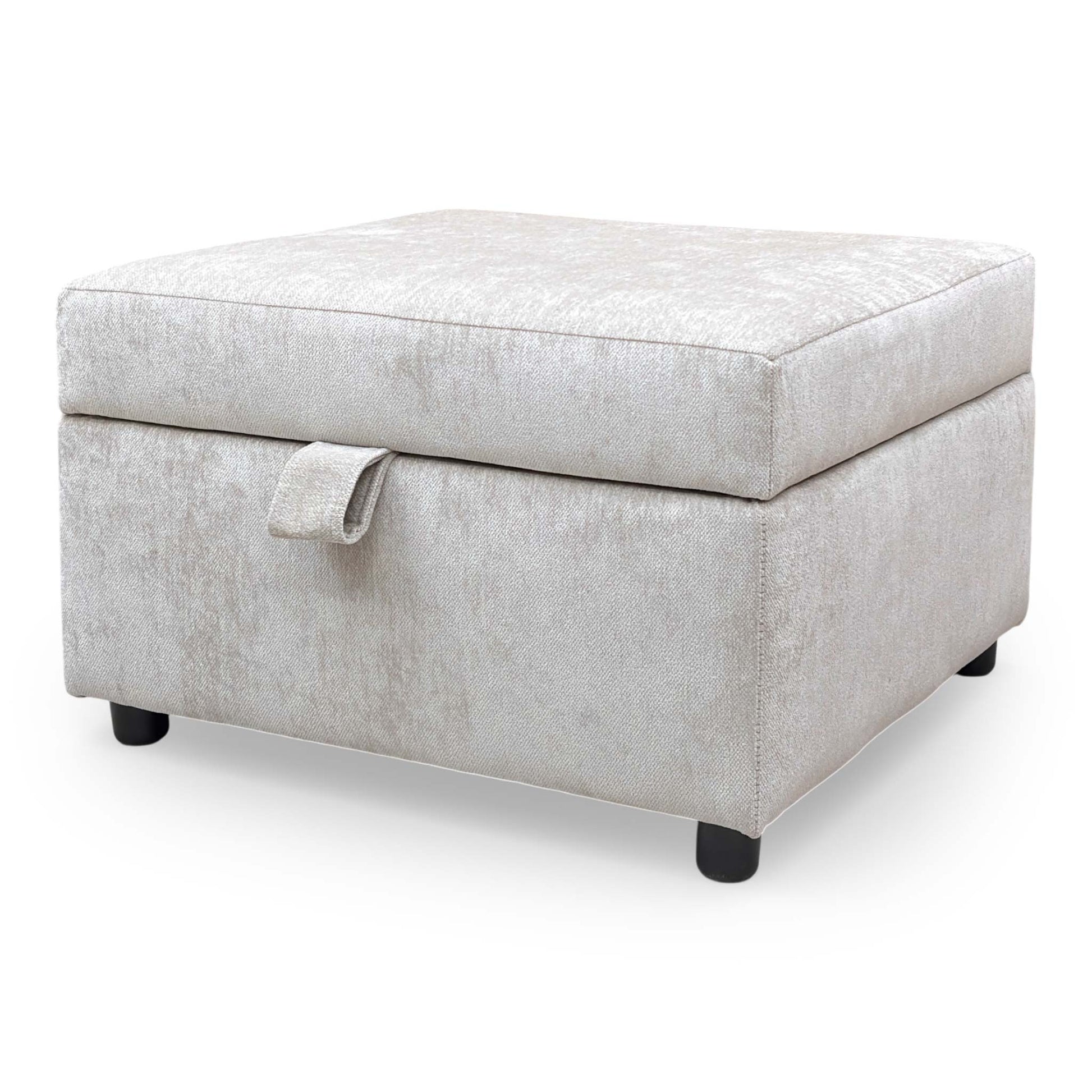 Side view of the truffle fabric footstool, demonstrating its compact and functional design.