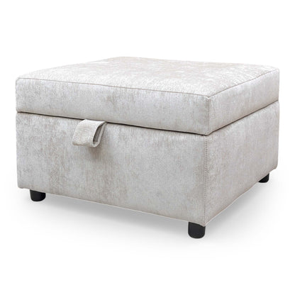 Side view of the truffle fabric footstool, demonstrating its compact and functional design.