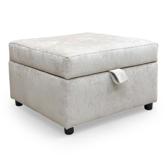 Front view of the Thornbrook 'Harvey' storage footstool in Truffle Derwent soft weave fabric, showing its clean rectangular design.
