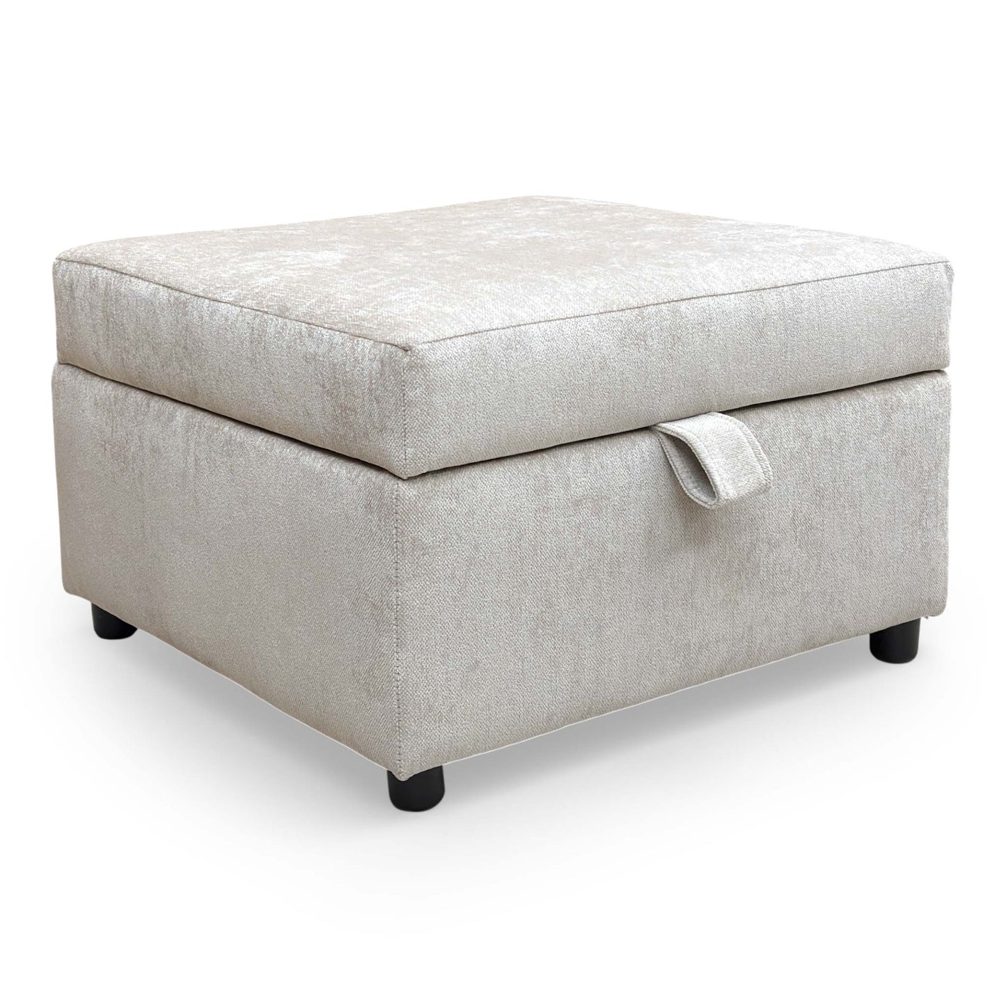 Full view of The ‘Harvey’ Truffle Derwent Soft Weave Fabric Storage Footstool in a contemporary truffle tone.