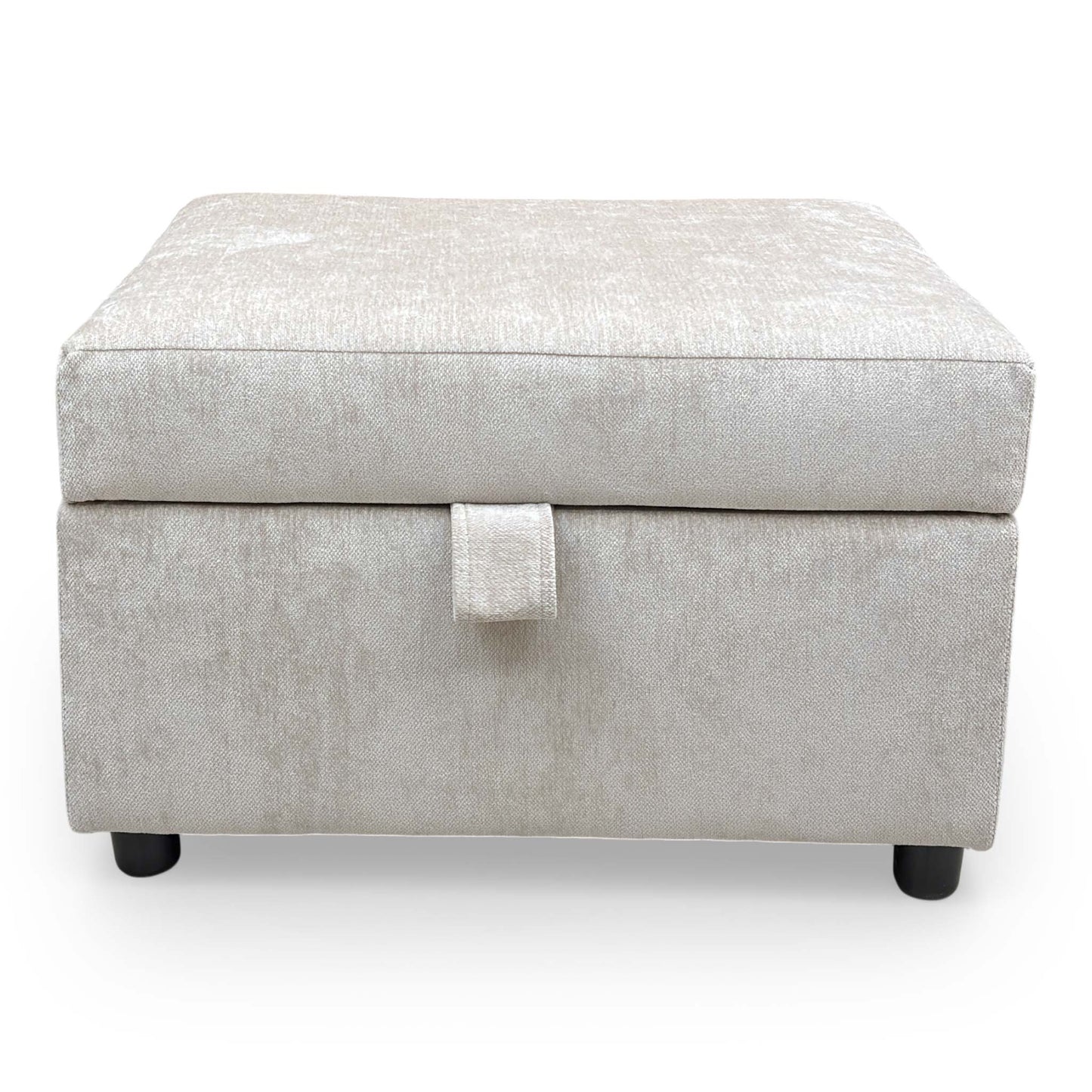 Front angle of the Harvey Truffle storage footstool, highlighting the high-quality fabric and contemporary aesthetic.