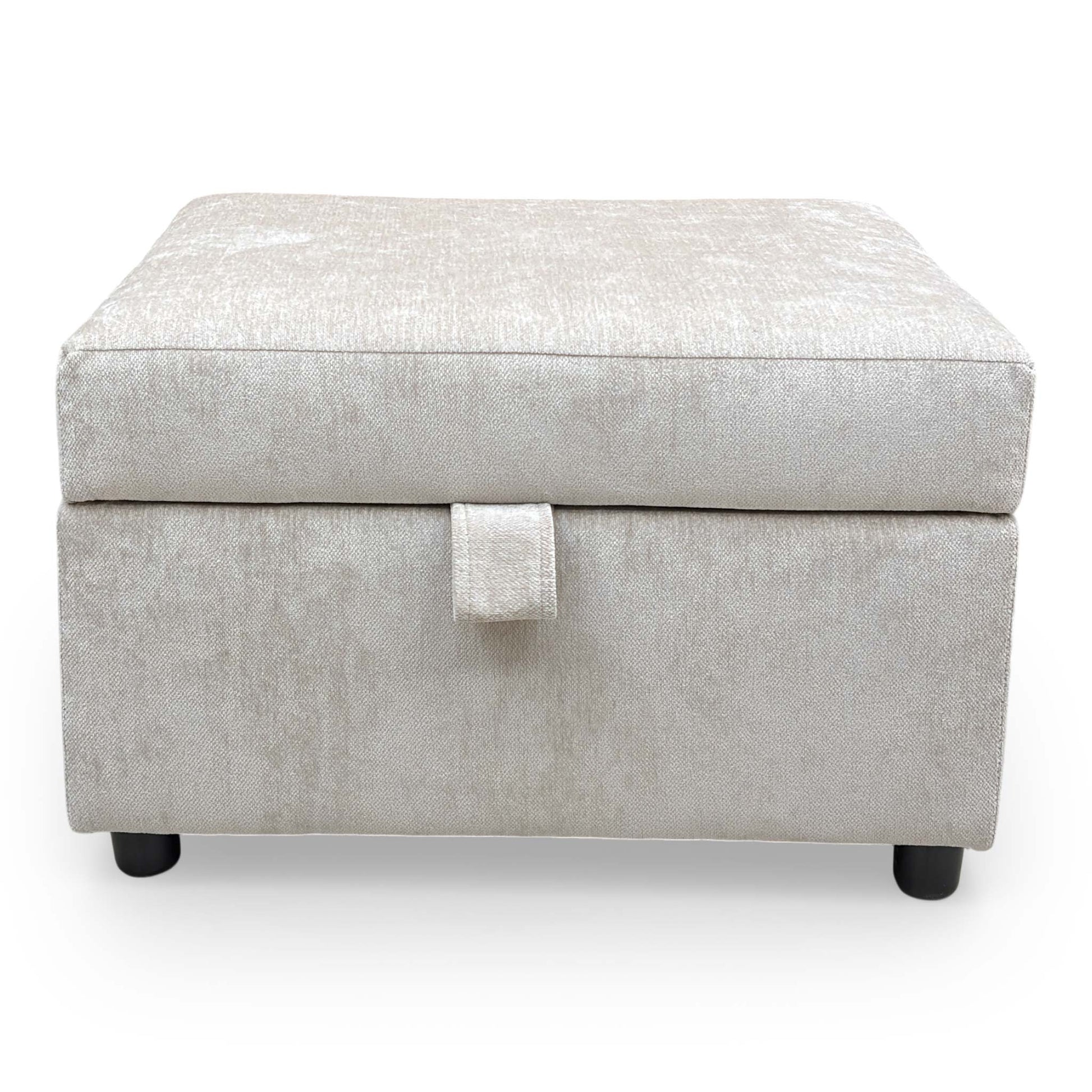 Front view of the Harvey storage footstool, highlighting the soft weave fabric texture.