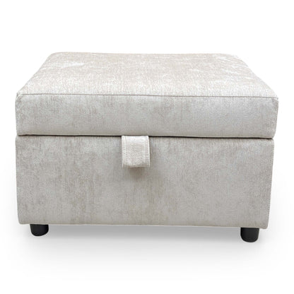 Front view of the Harvey storage footstool, highlighting the soft weave fabric texture.
