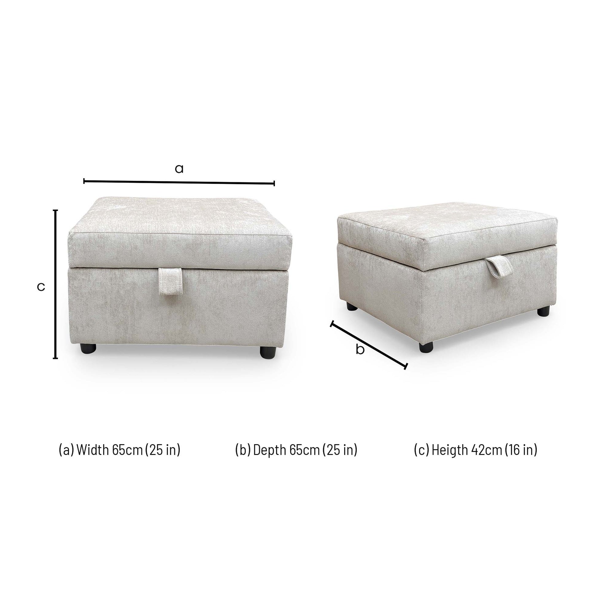Dimension diagram for the ‘Harvey’ Truffle Derwent Soft Weave Fabric Storage Footstool.