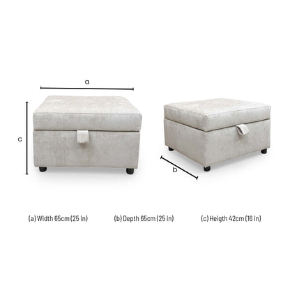 Dimension diagram for the ‘Harvey’ Truffle Derwent Soft Weave Fabric Storage Footstool.