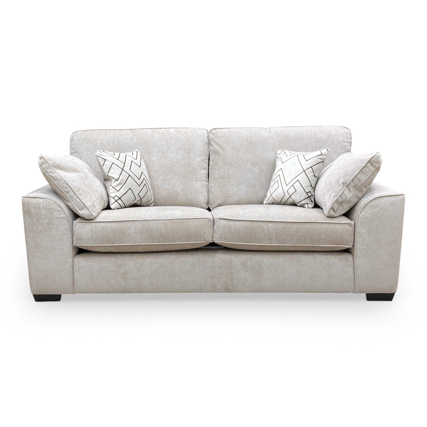 Front profile of the Harvey 3-seater sofa, displaying the sleek wooden frame and deep, comfortable foam-filled cushions.