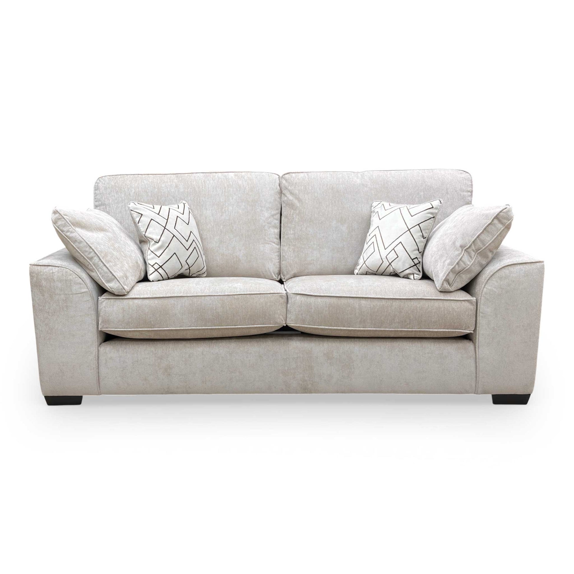 Front profile of the Harvey 3-seater sofa, displaying the sleek wooden frame and deep, comfortable foam-filled cushions.
