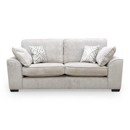 Front profile of the Harvey 3-seater sofa, displaying the sleek wooden frame and deep, comfortable foam-filled cushions.
