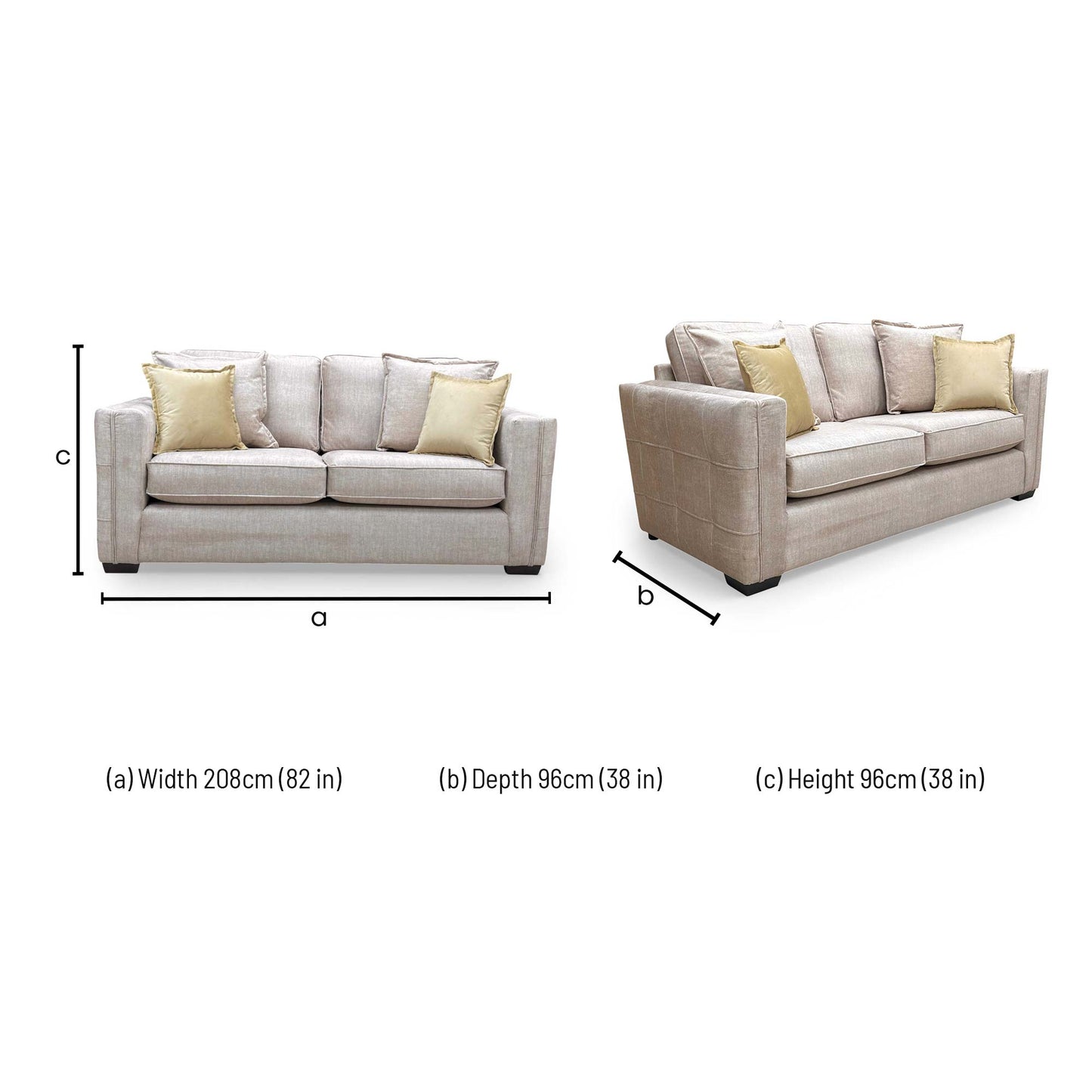 Technical dimensions for the ‘Harvey’ Truffle Derwent Soft Weave Fabric 3 Seater Sofa.