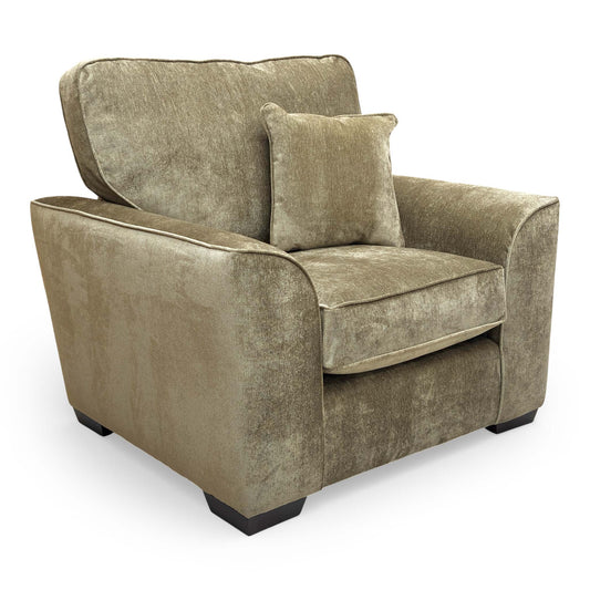 Front view of the Thornbrook 'Harvey' armchair, upholstered in Olive Green Derwent soft weave fabric with a compact, modern silhouette.
