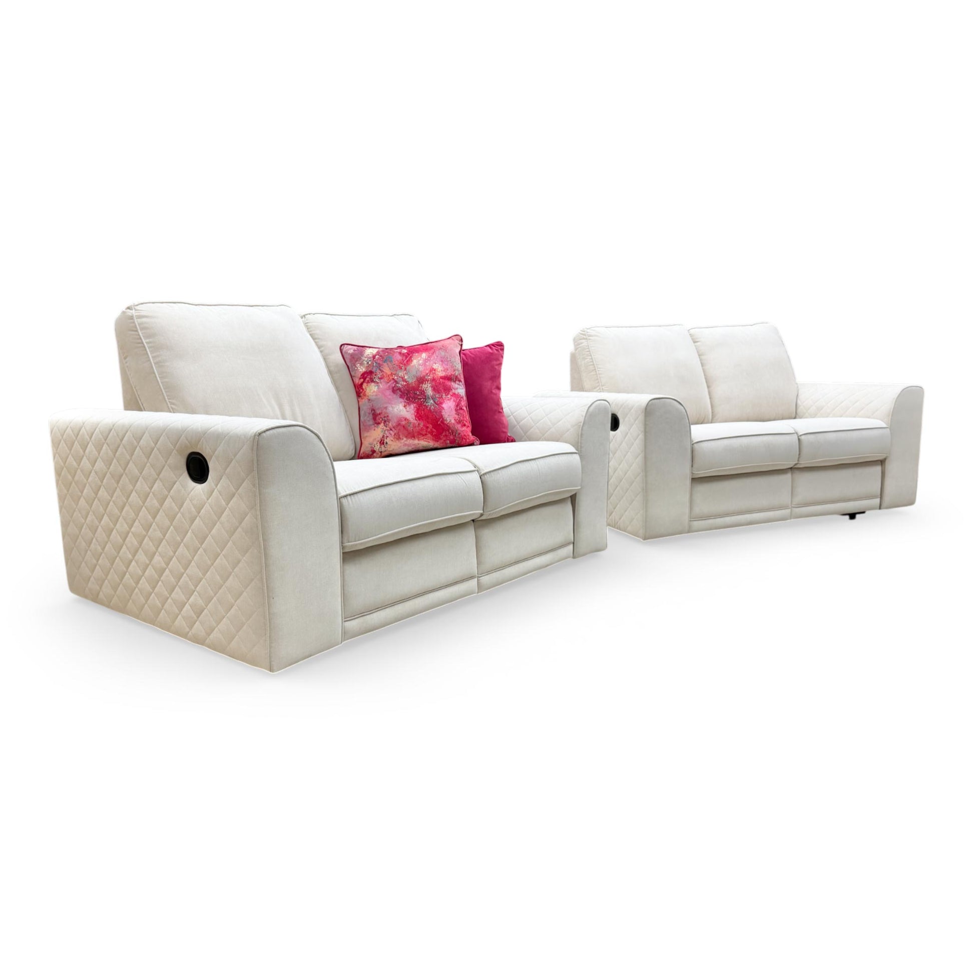Side profile of the 2-seater recliner, illustrating the plush armrests and ergonomic back support.