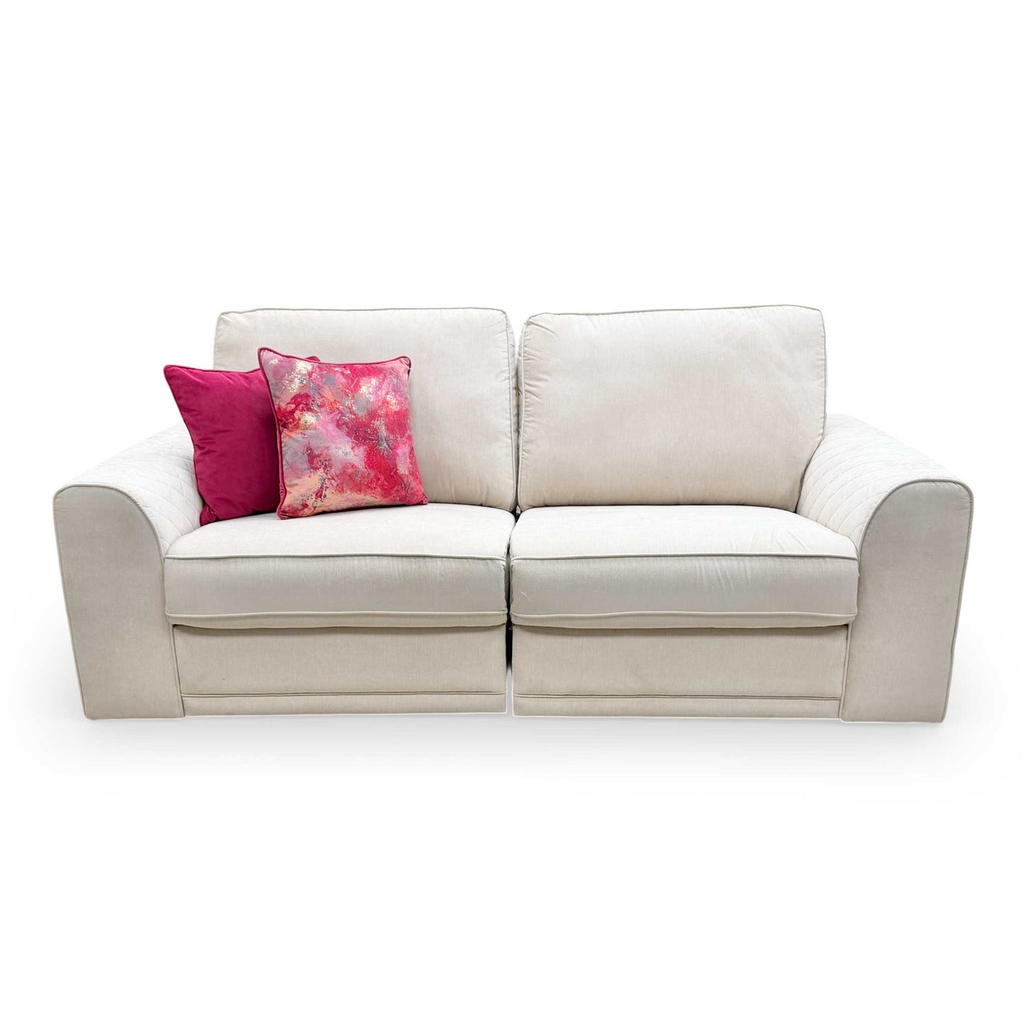 Front view of the DFS ‘Orka’ 3-seater sofa in Cream Plaza Linen fabric, featuring a modern design with integrated power recliners.