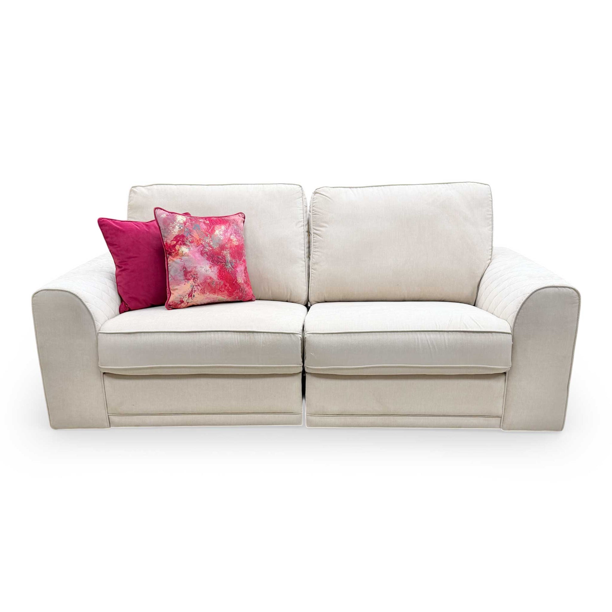 Front view of the DFS ‘Orka’ 3-seater sofa in Cream Plaza Linen fabric, featuring a modern design with integrated power recliners.