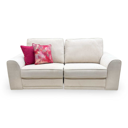 Front view of the DFS ‘Orka’ 3-seater sofa in Cream Plaza Linen fabric, featuring a modern design with integrated power recliners.