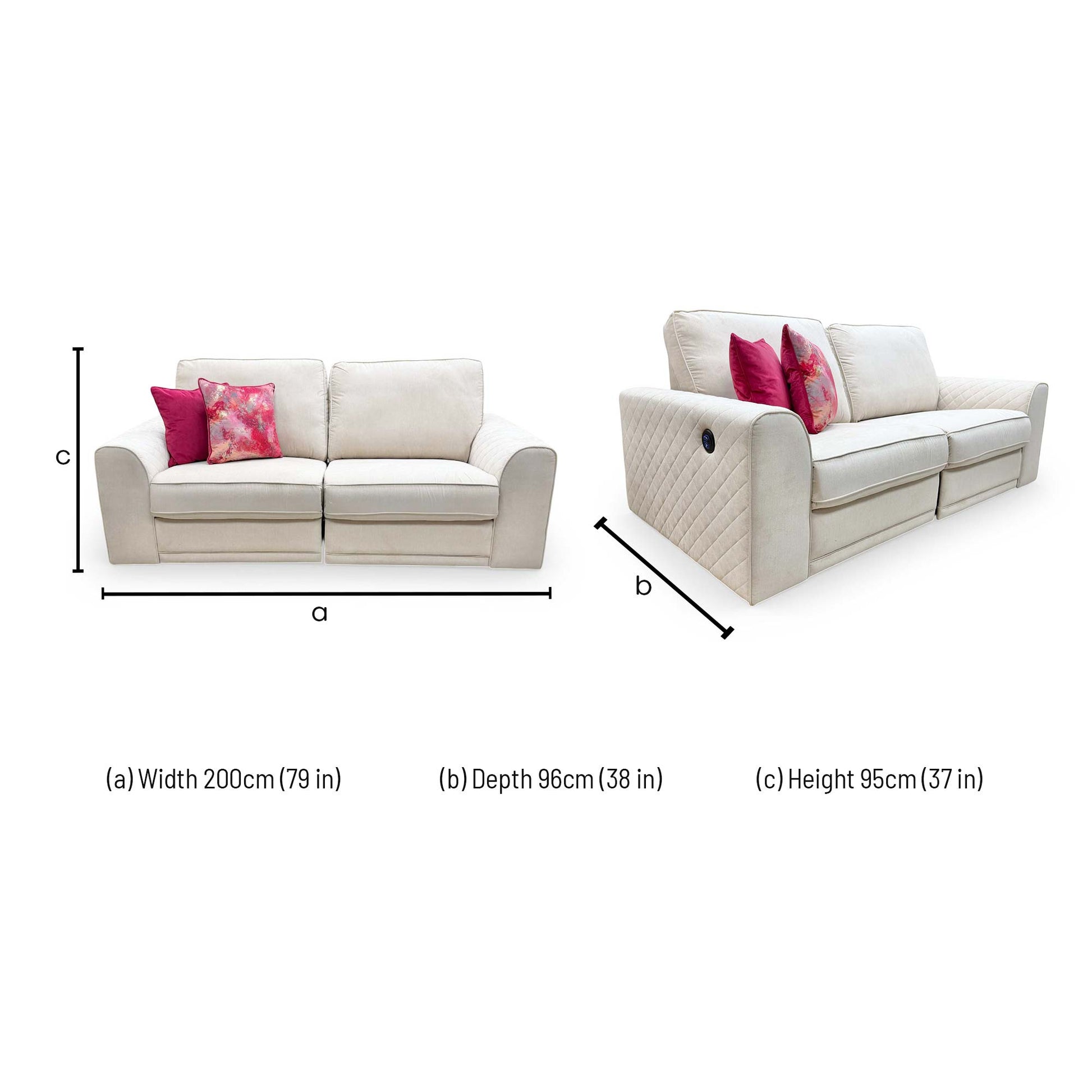 Dimensions for the DFS ‘Orka’ Cream Plaza Linen Fabric 3 Seater Power Recliner Sofa.