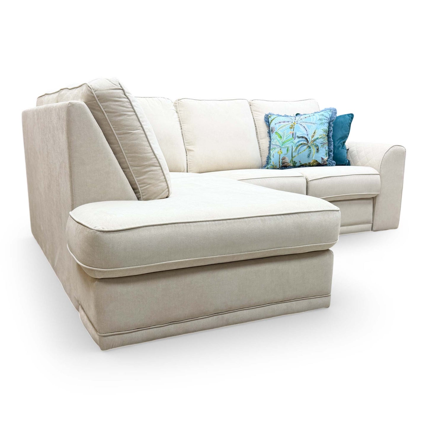 Detail view of the open-ended chaise section, showcasing the spacious seating and integrated manual recliner mechanism.