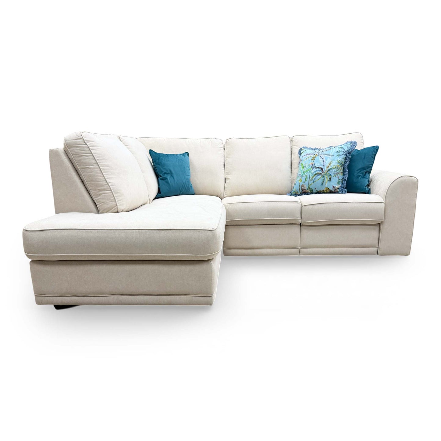 Front view of the DFS ‘Orka’ Corner Sofa in Cream Plaza Linen fabric, featuring an open-ended chaise design and manual recliner.