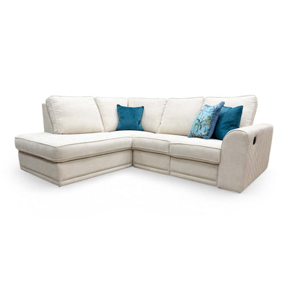 Front view of the DFS ‘Orka’ Corner Sofa in Cream Plaza Linen fabric, featuring an open-ended chaise design and manual recliner.