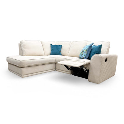 Full view of the DFS ‘Orka’ Corner Sofa in Cream Plaza Linen fabric, featuring an open-ended chaise design and manual recliner.