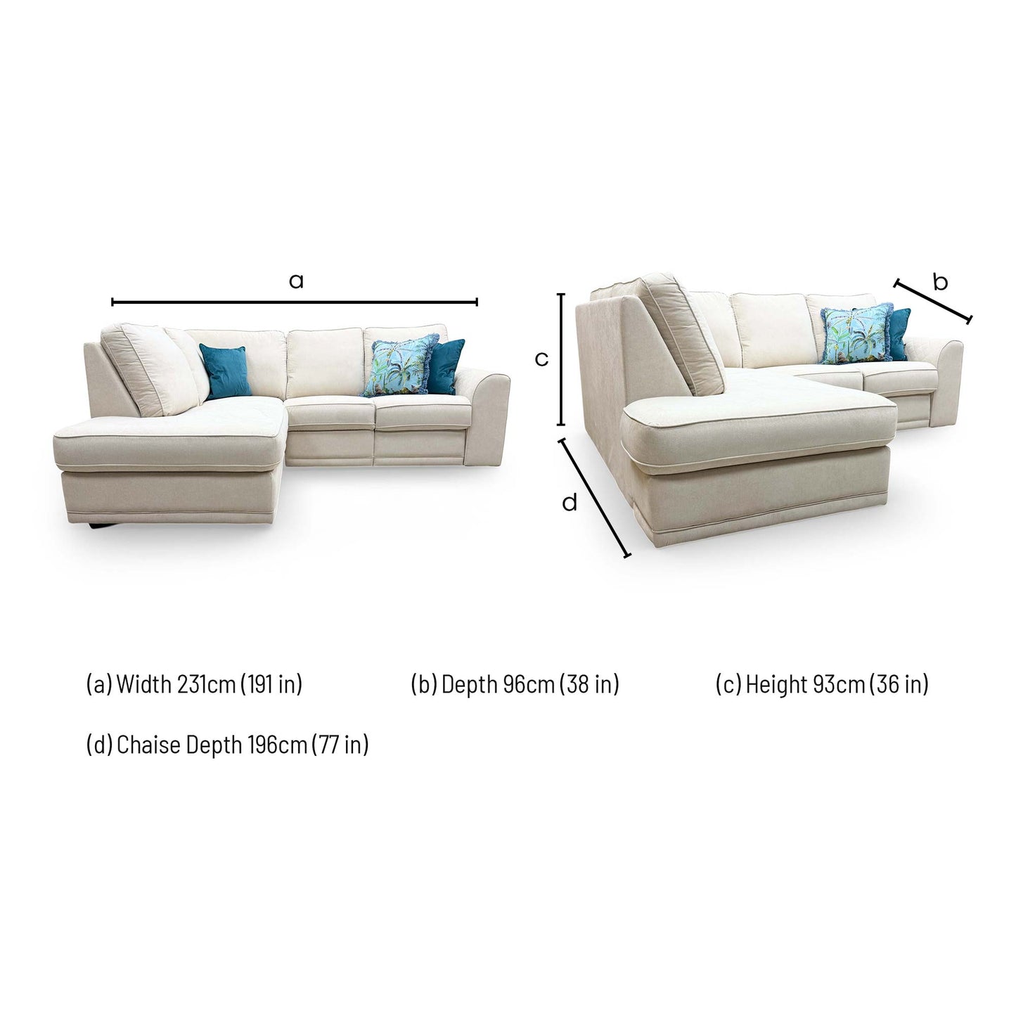 Dimensions for the DFS ‘Orka’ Cream Plaza Linen Fabric Open Ended Manual Recliner Chaise Corner Sofa.