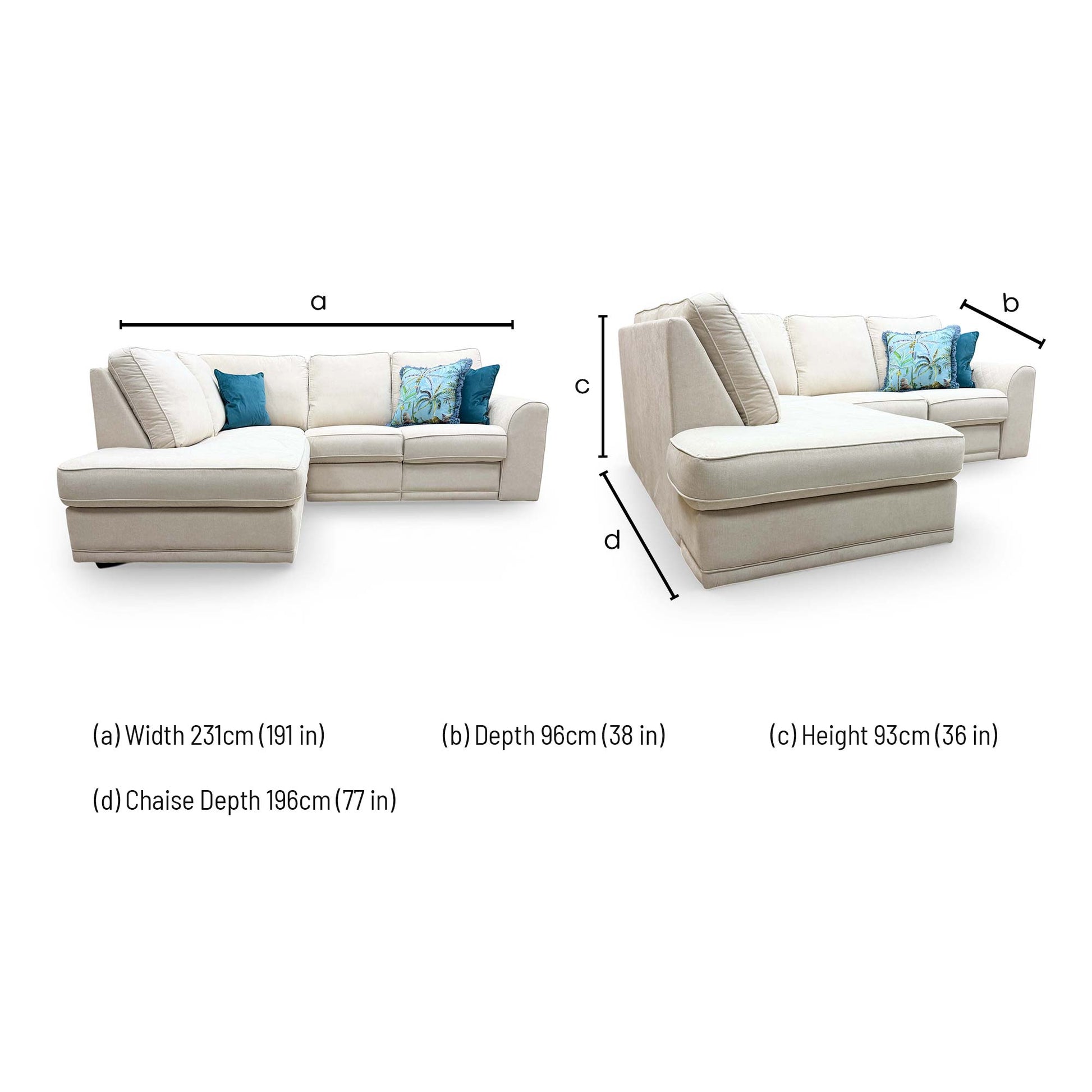 Dimensions for the DFS ‘Orka’ Cream Plaza Linen Fabric Open Ended Manual Recliner Chaise Corner Sofa.