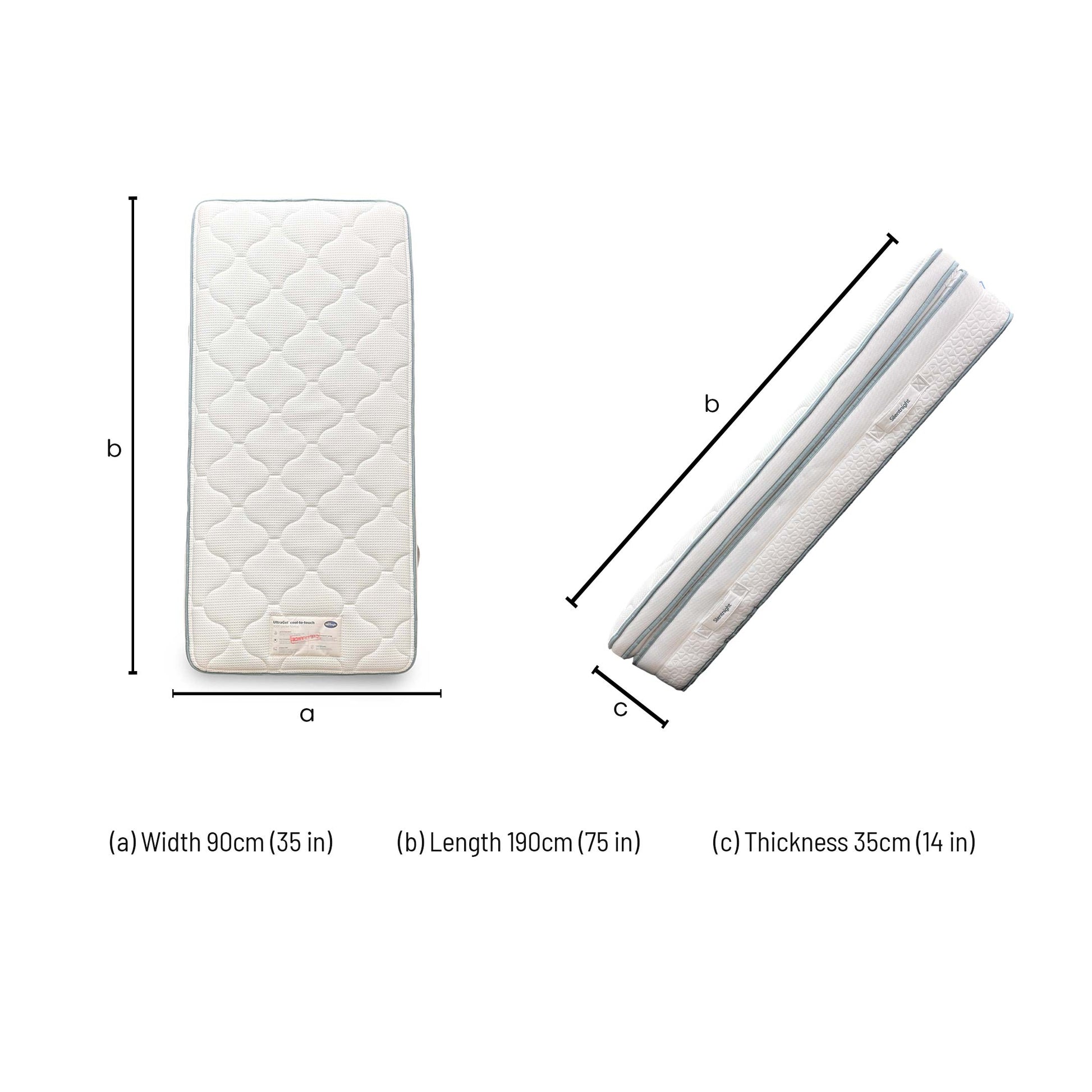 Dimensions diagram for the Silentnight UltraGel 3000 Pocket Soft Mattress (Single).