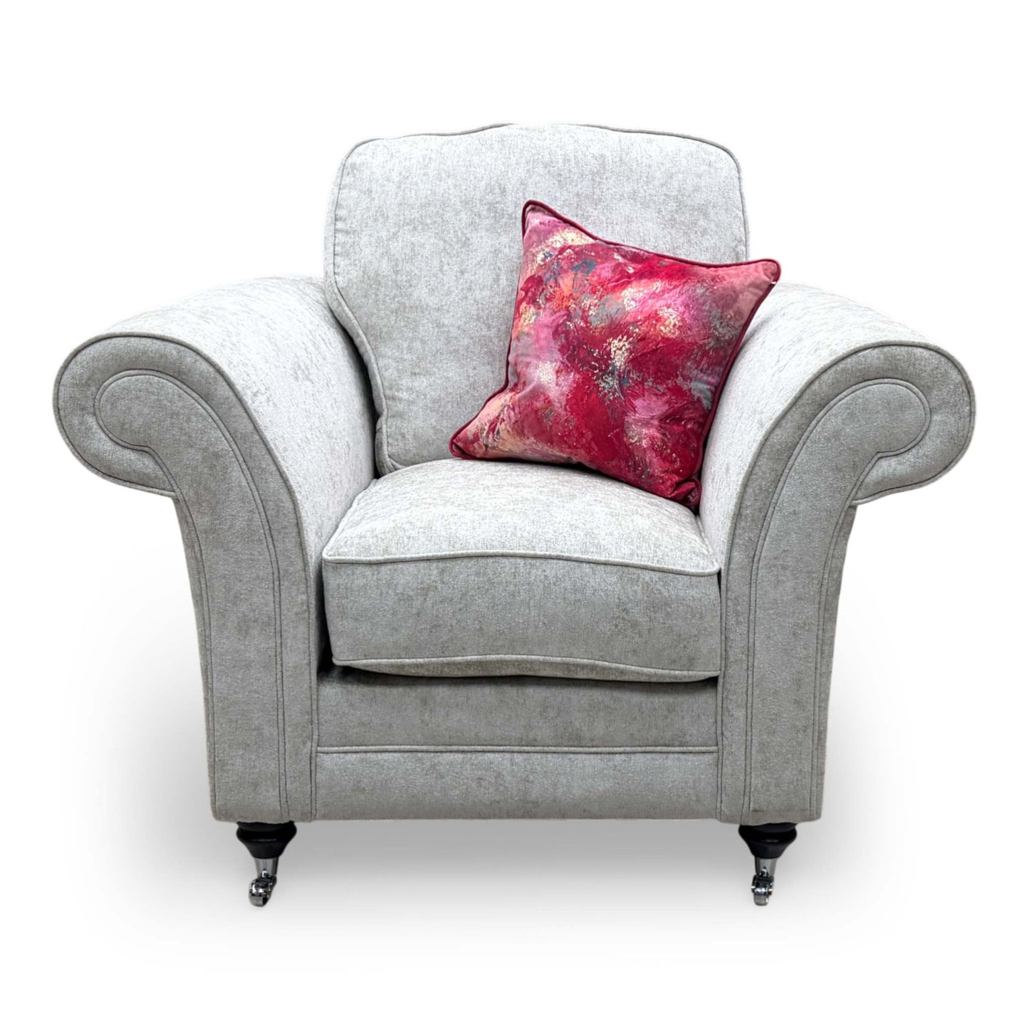 Front view of the 'Melody' pearl chenille armchair, showcasing its generous seating area and elegant, contemporary silhouette.