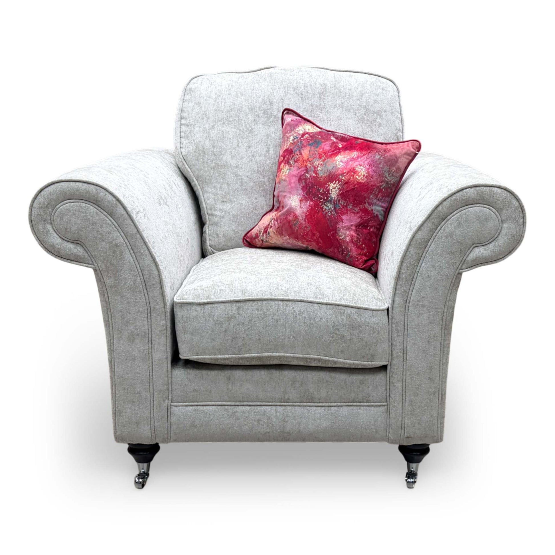 Front view of the 'Melody' pearl chenille armchair, showcasing its generous seating area and elegant, contemporary silhouette.