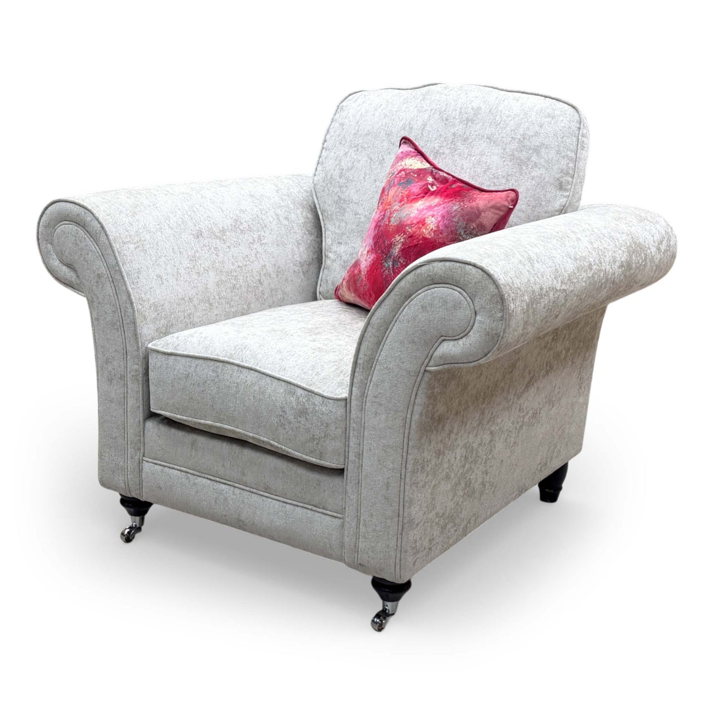 Detailed back view of the Fabb 'Melody' armchair, showing the neat finish and uniform fabric coverage from all angles.