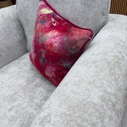 Close-up of the textured pearl chenille fabric on the 'Melody' chair, highlighting the high-quality weave and subtle sheen of the upholstery.
