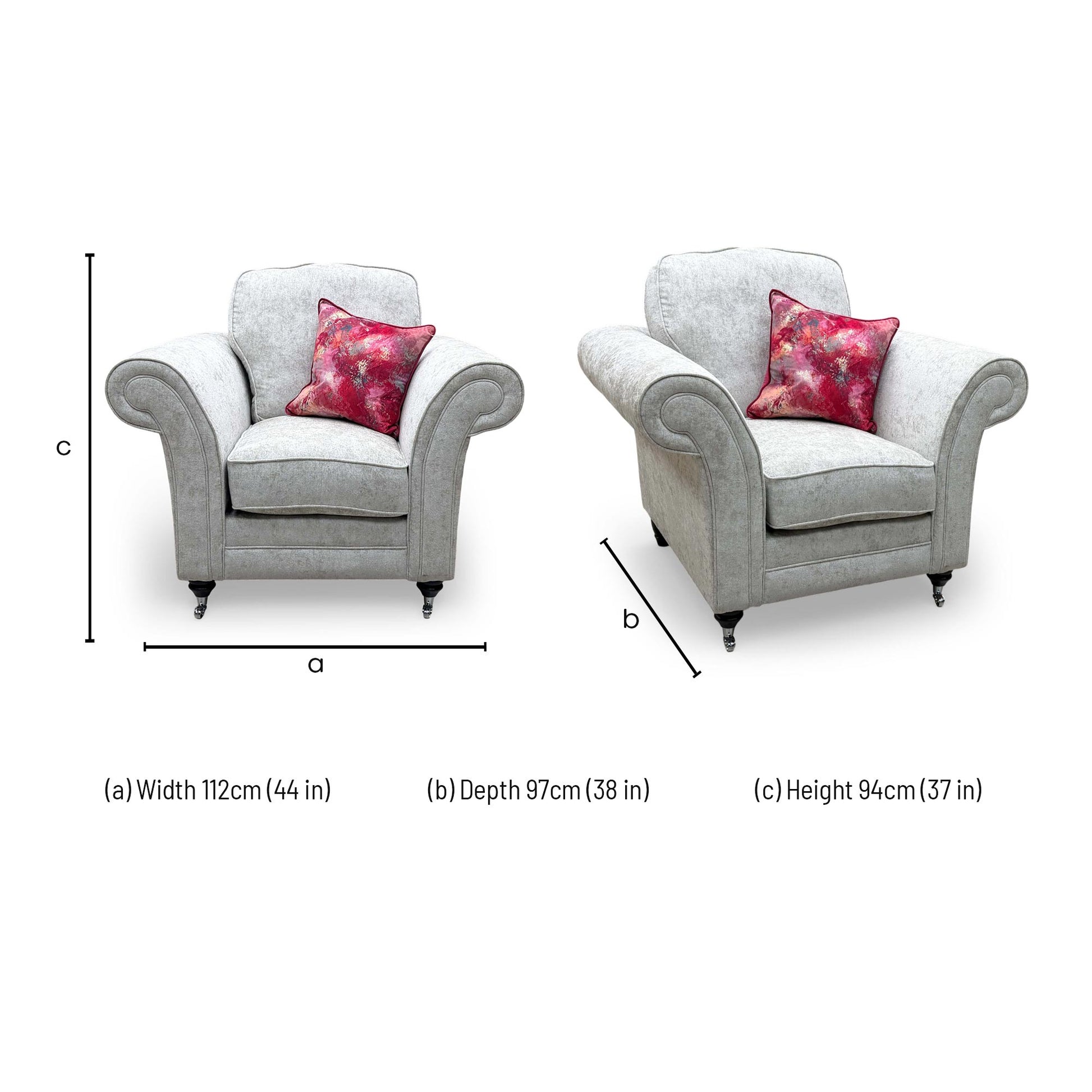 Dimensions diagram for the Fabb 'Melody' Pearl Chenille Fabric Armchair.