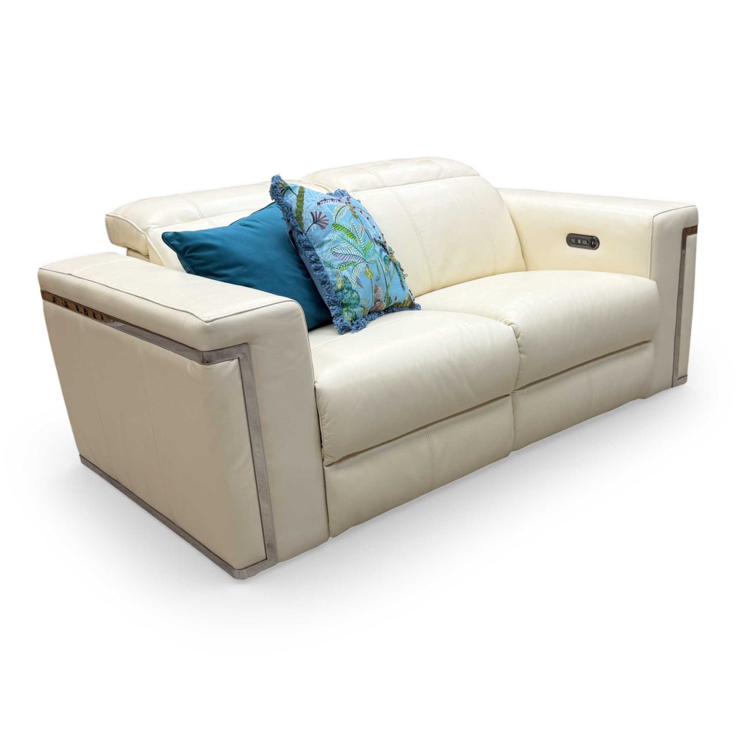 Side shot of the 'Cora' white leather sofa, highlighting its contemporary design, clean lines, and luxurious upholstery.
