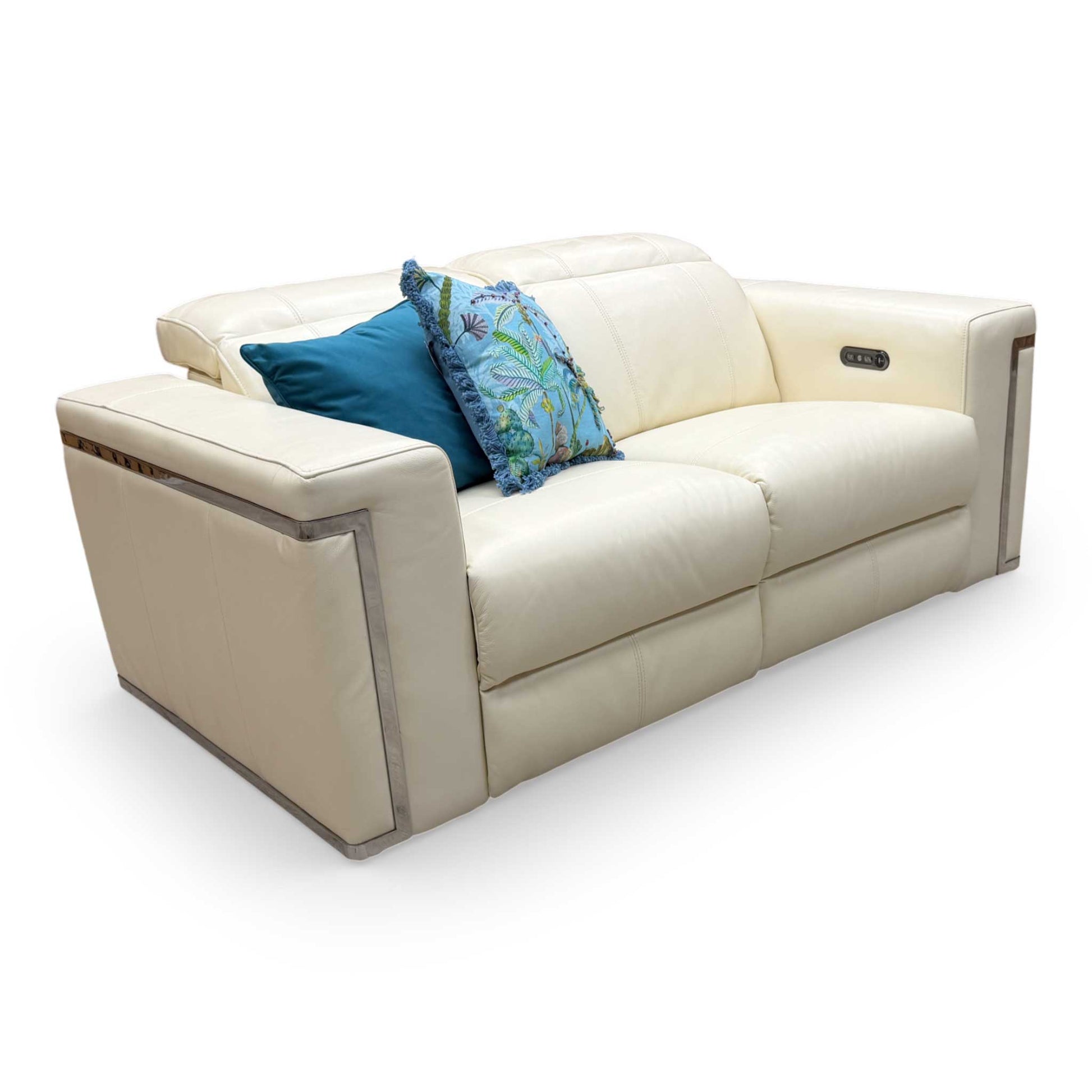 Side shot of the 'Cora' white leather sofa, highlighting its contemporary design, clean lines, and luxurious upholstery.