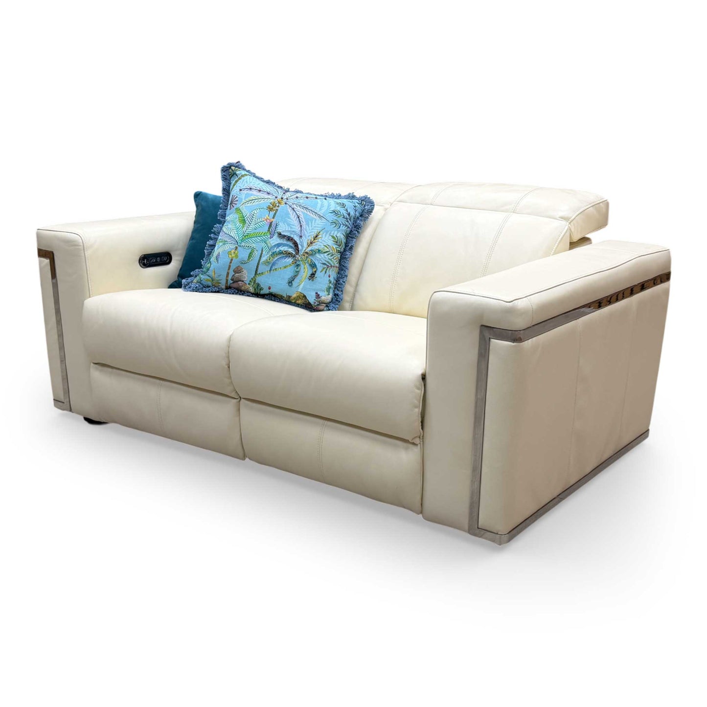 View of the 'Cora' sofa with headrests fully extended, demonstrating the customizable comfort levels of the power headrest feature.