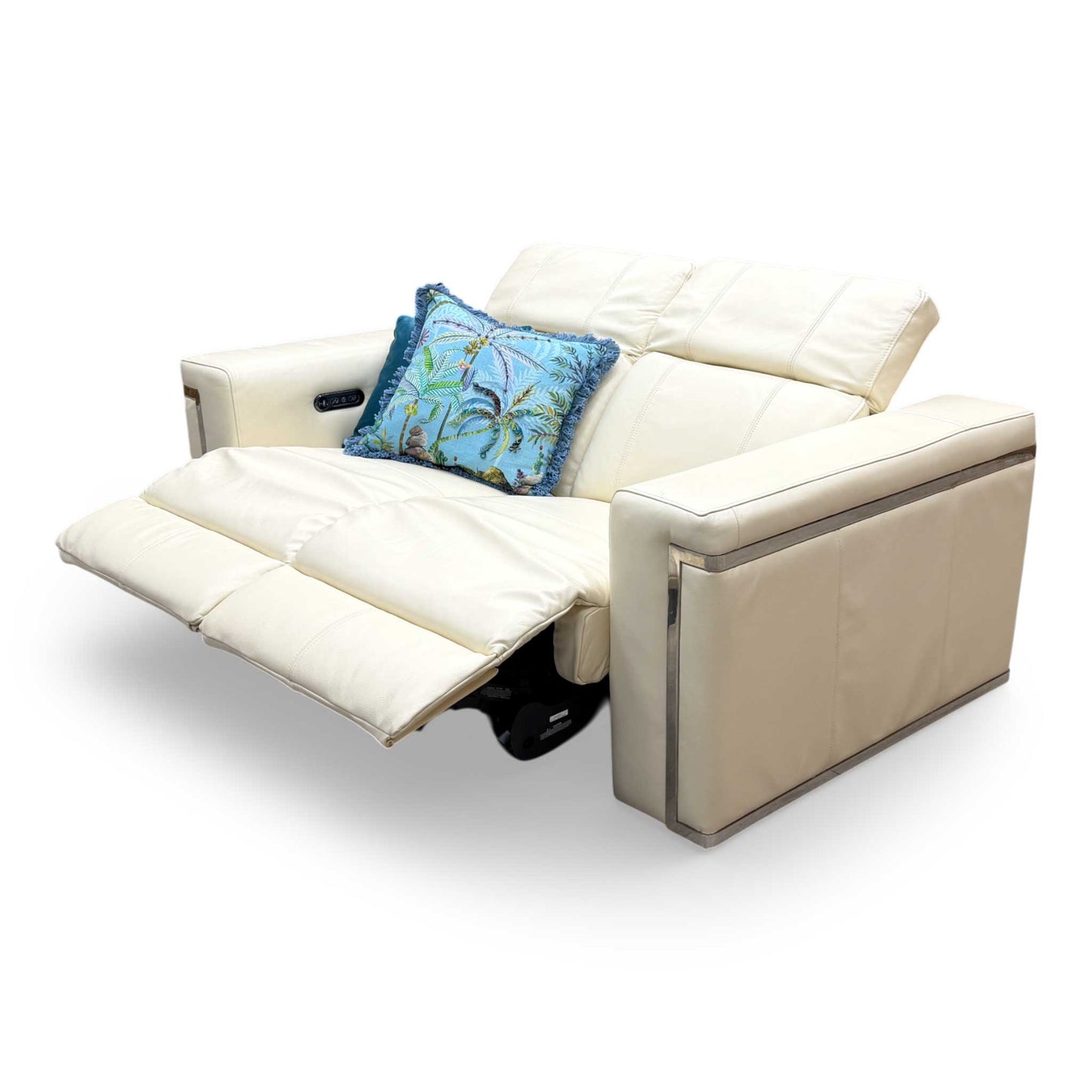 View of the 'Cora' white leather sofa, highlighting its contemporary design, clean lines, and luxurious upholstery.
