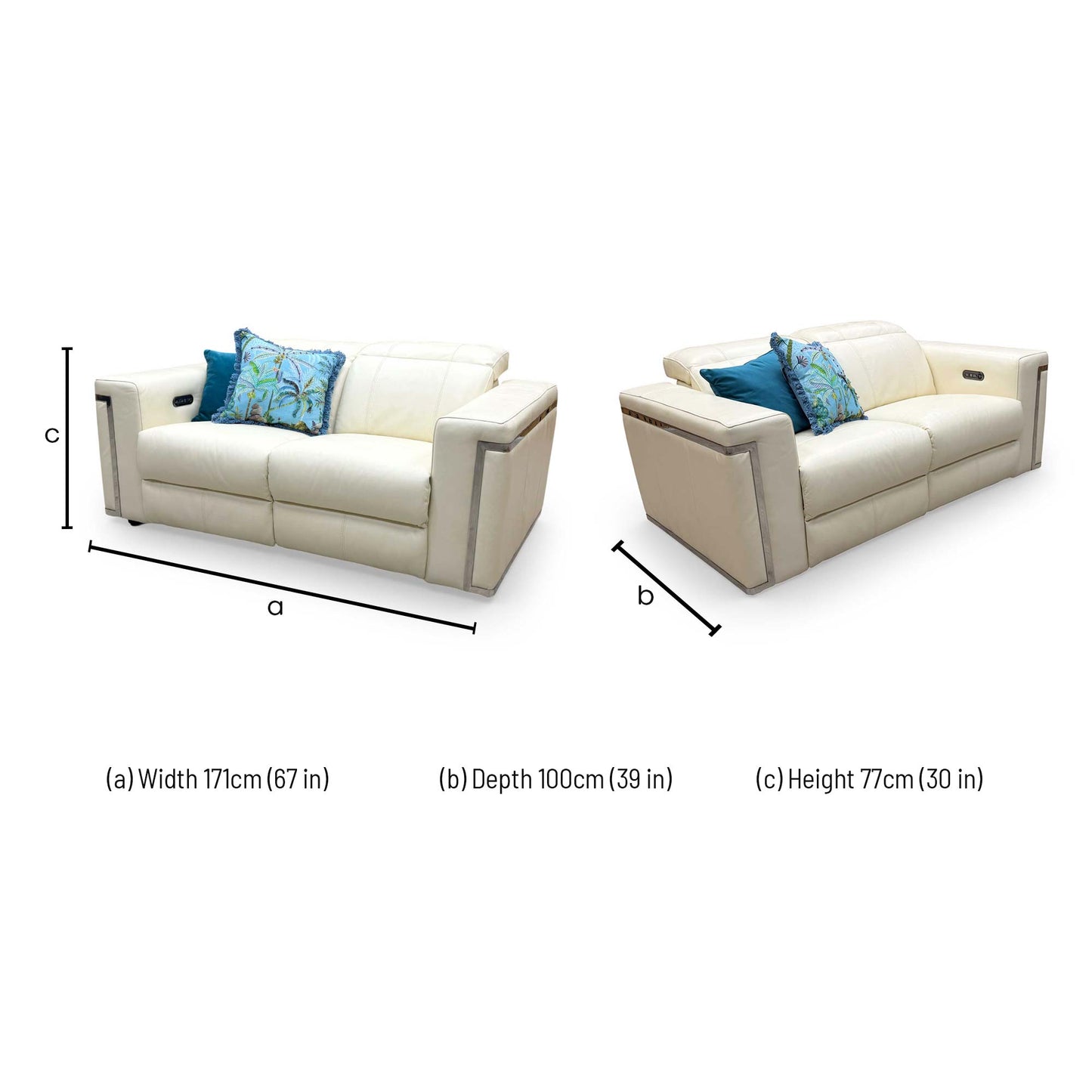 Dimensions diagram for the Fabb 'Cora' White Leather 2-Seater Power Recliner.