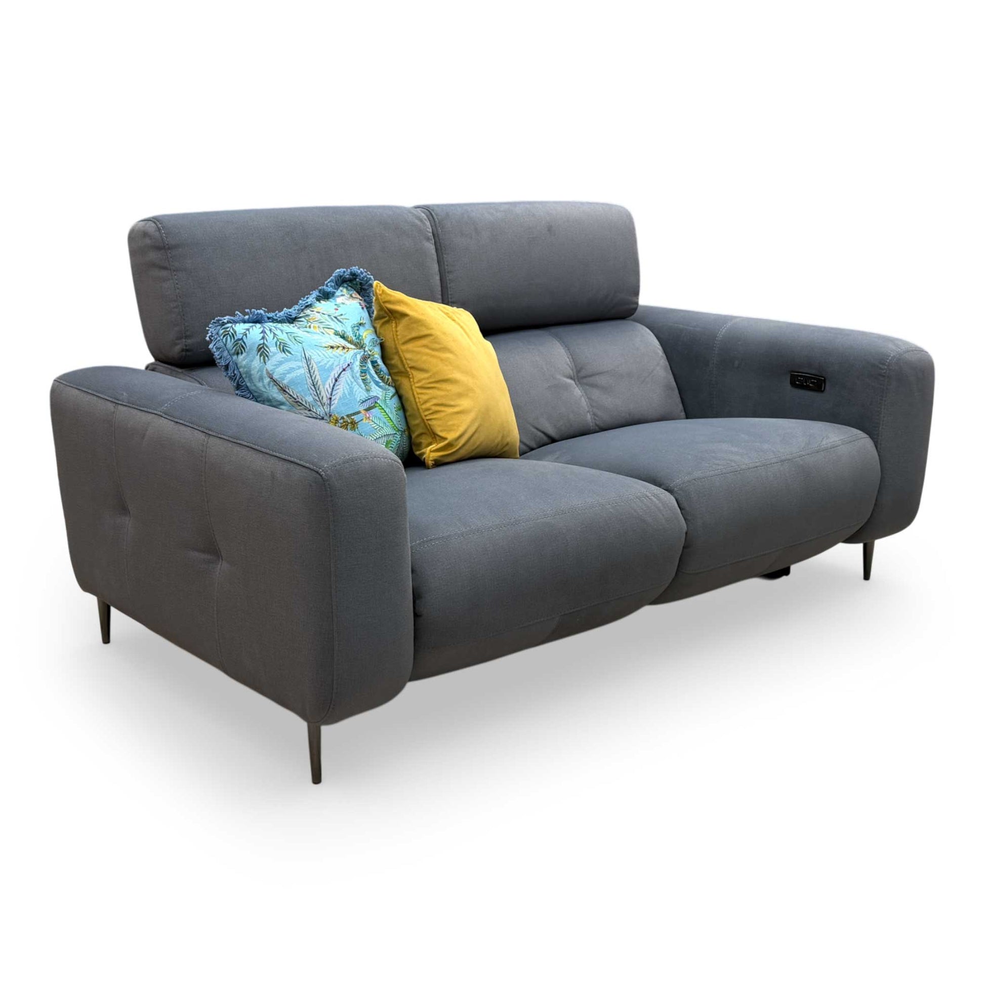 View of the 'Ezra' sofa in its reclined position, illustrating the deep-seated comfort and functional power features for relaxation.