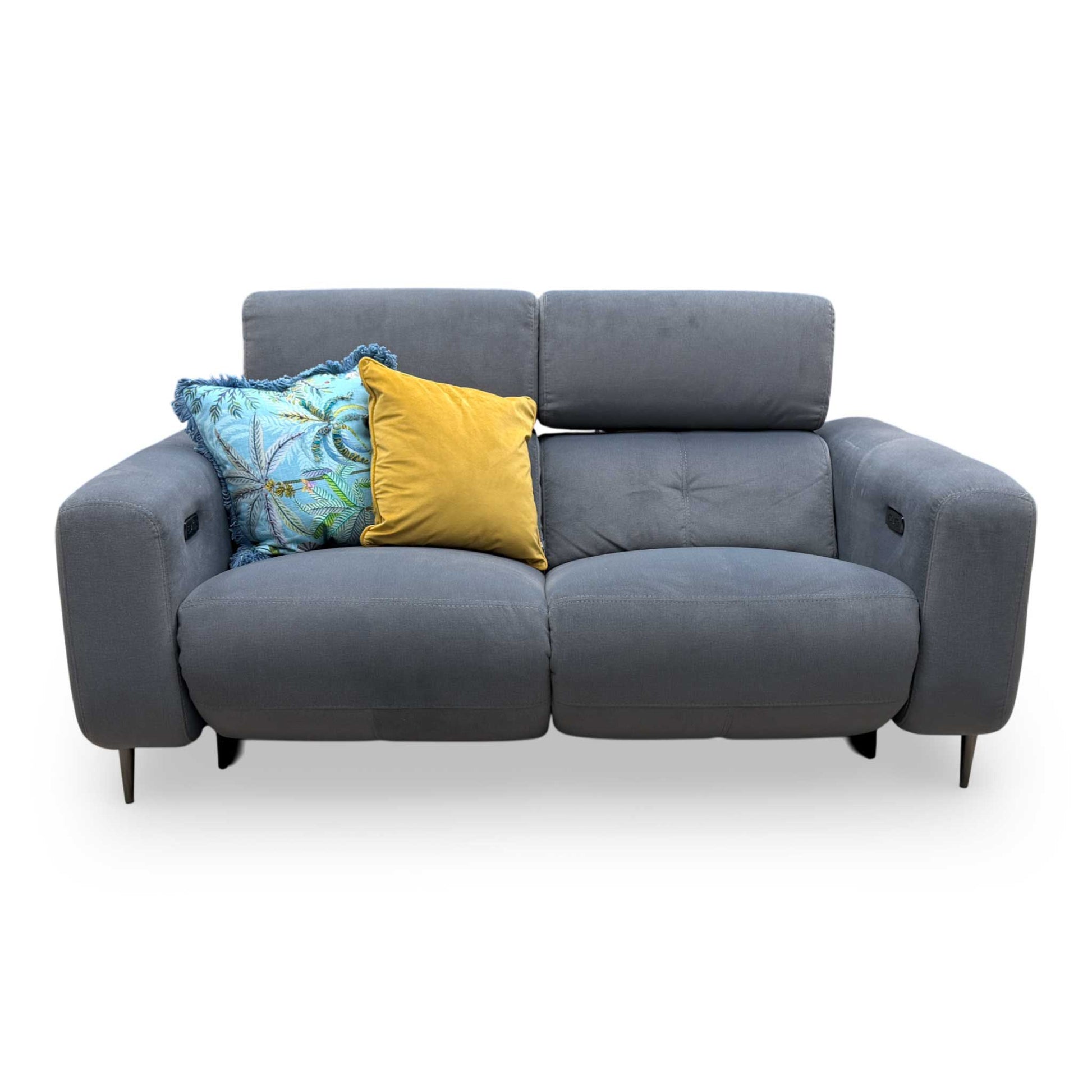 Full frontal view of the Fabb 'Ezra' 2-seater sofa in a neutral studio setting, highlighting its elegant and versatile appearance.