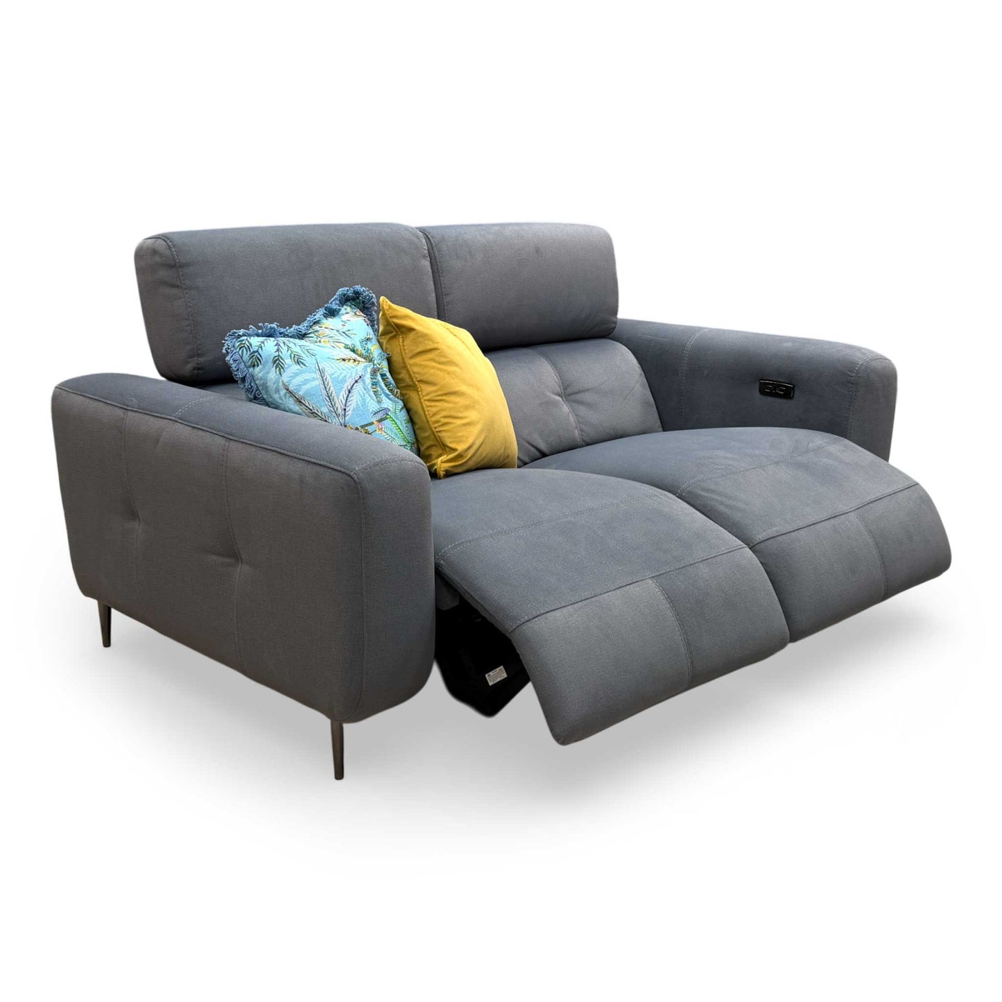Front view of the Fabb 'Ezra' 2-seater power recliner sofa upholstered in premium grey velvet with a contemporary design and modern English arms.