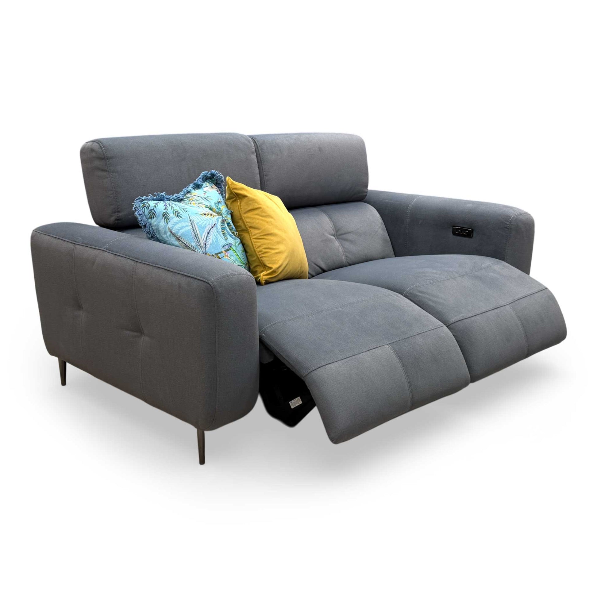Front view of the Fabb 'Ezra' 2-seater power recliner sofa upholstered in premium grey velvet with a contemporary design and modern English arms.