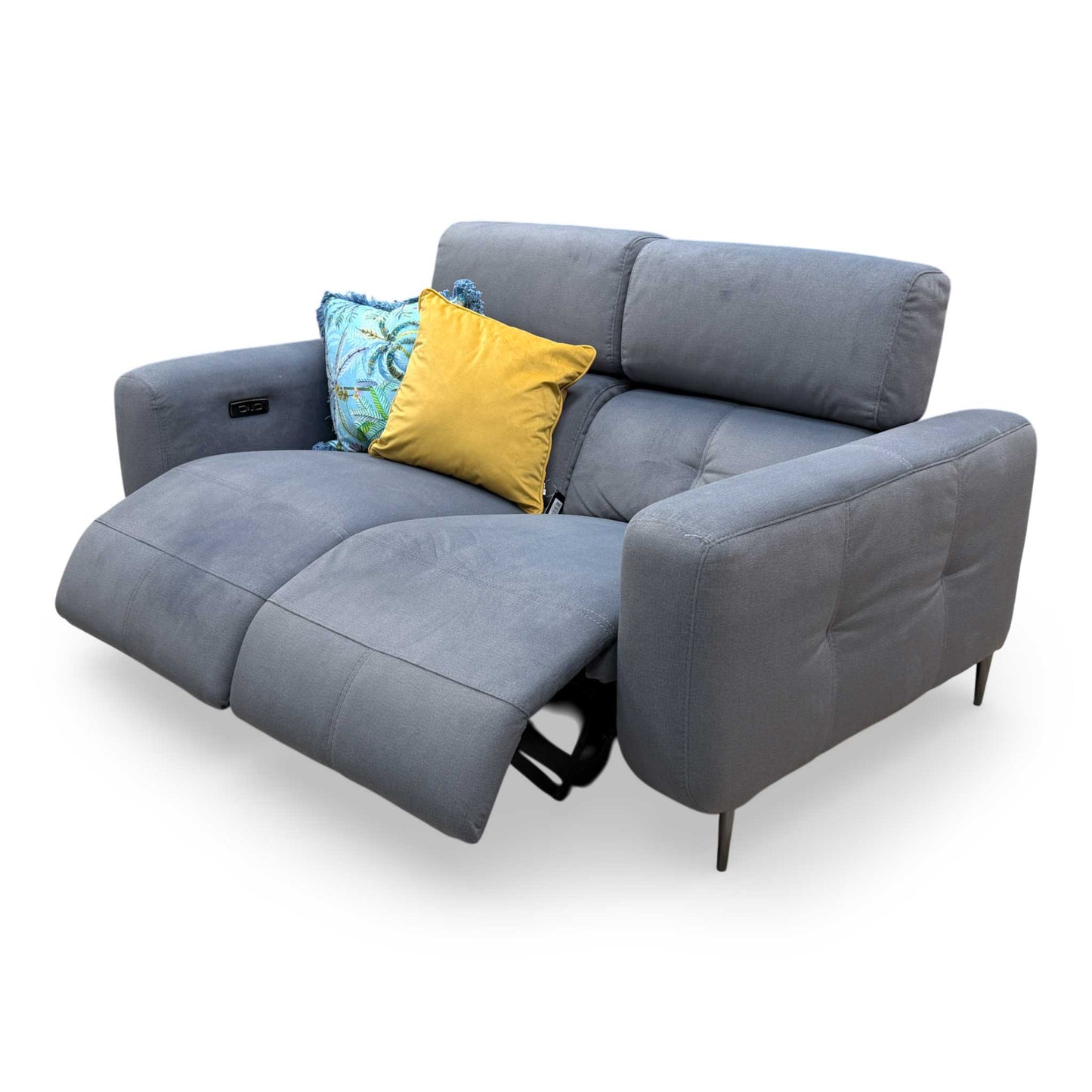 Detail view of the modern English arm style and neat stitching on the 'Ezra' power recliner, emphasizing its premium craftsmanship.
