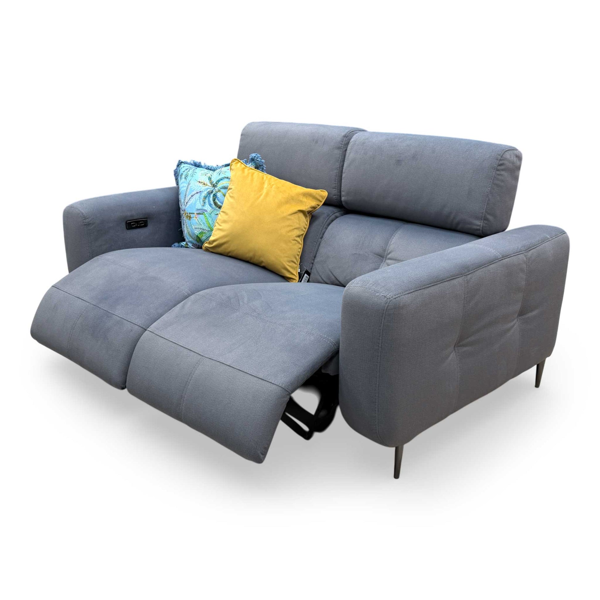 Detail view of the modern English arm style and neat stitching on the 'Ezra' power recliner, emphasizing its premium craftsmanship.