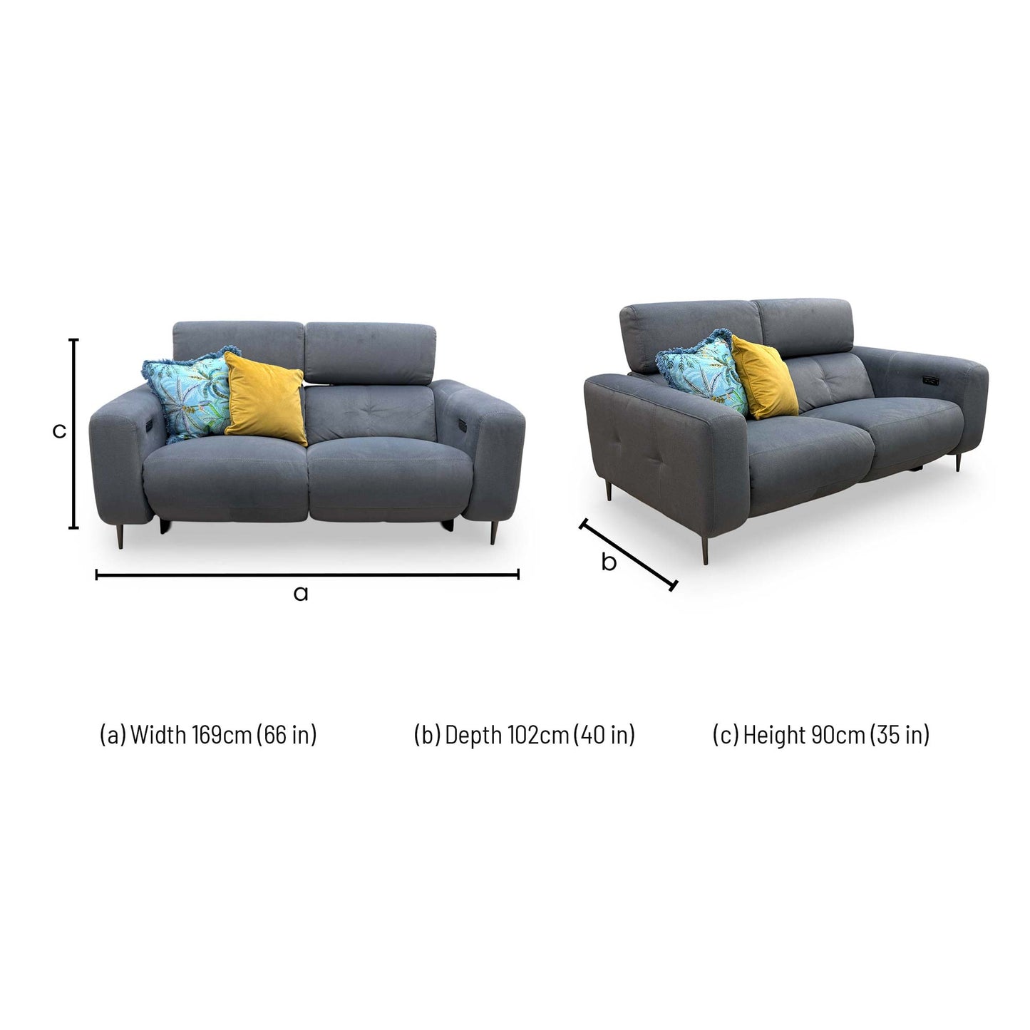 Dimension diagram for the Fabb 'Ezra' Grey Velvet 2-Seater Power Recliner Sofa.