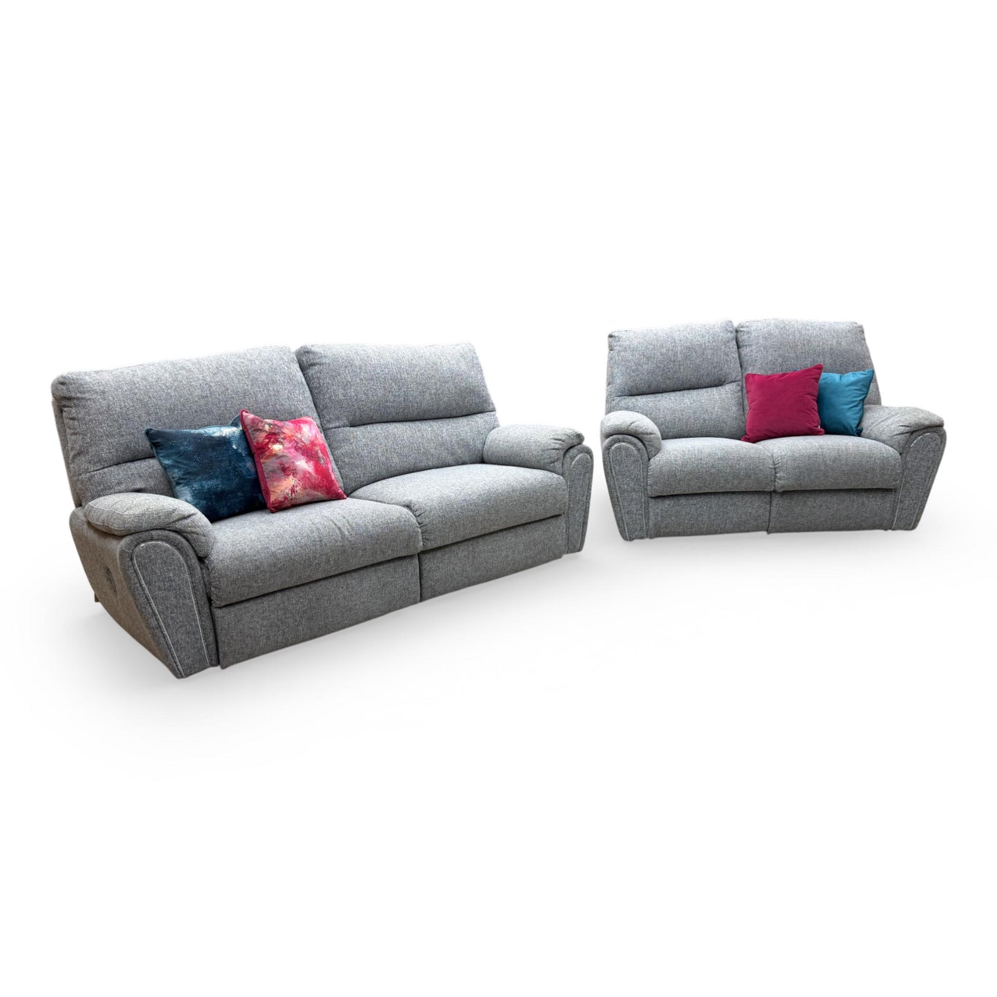View of the 'Willow' grey fabric sofa set, showing the plush cushioning and modern aesthetic of both the 3-seater and 2-seater units.
