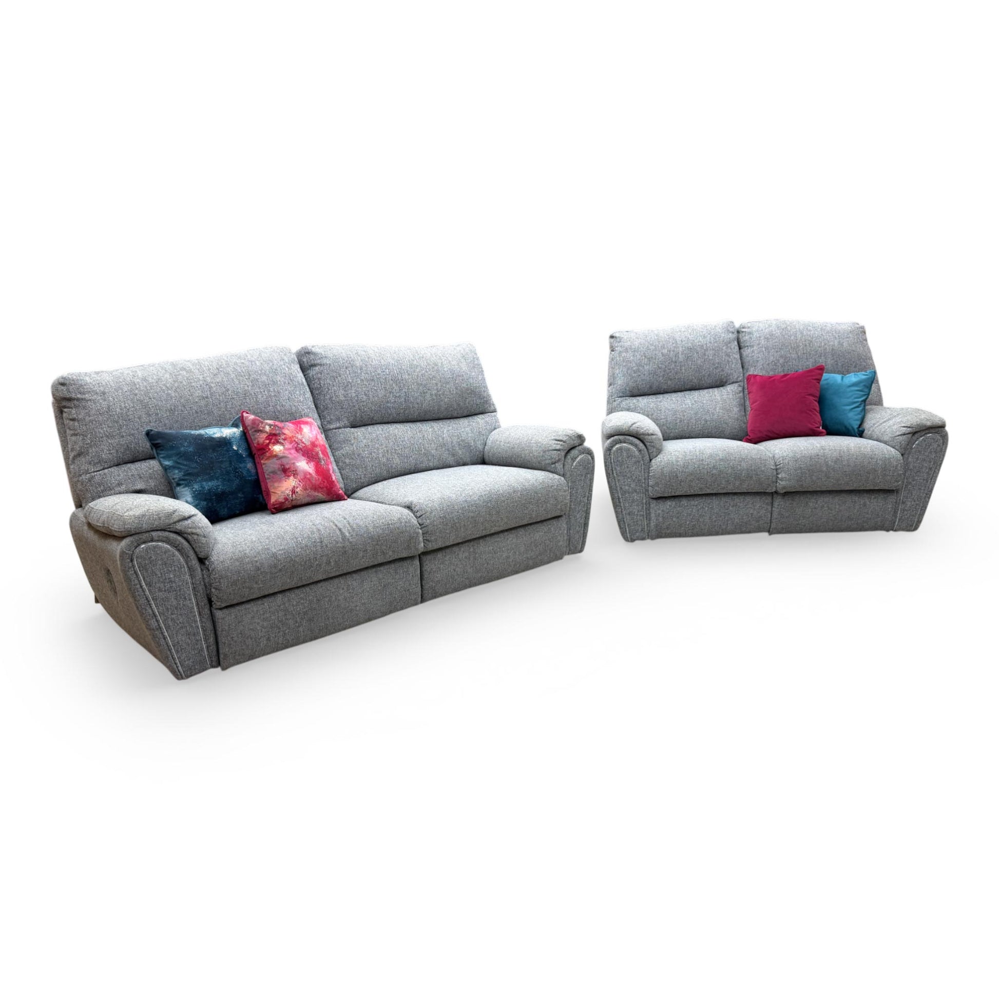 View of the 'Willow' grey fabric sofa set, showing the plush cushioning and modern aesthetic of both the 3-seater and 2-seater units.