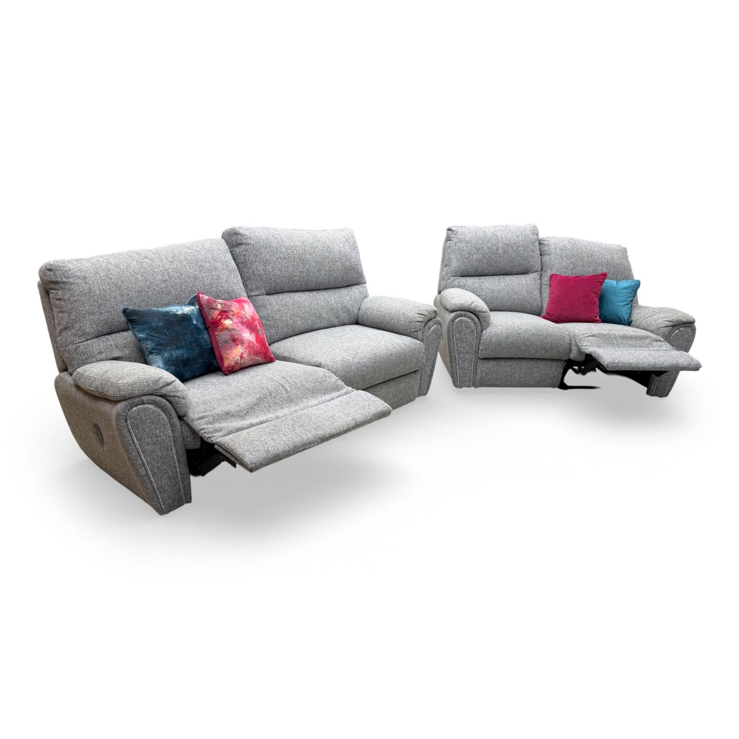 Front view of the Fabb 'Willow' sofa set featuring a grey fabric 3-seater power recliner and a matching 2-seater manual recliner sofa.