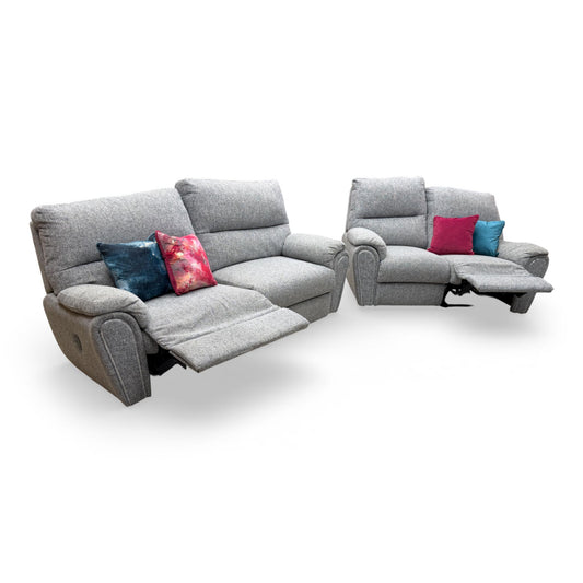 Front view of the Fabb 'Willow' sofa set featuring a grey fabric 3-seater power recliner and a matching 2-seater manual recliner sofa.
