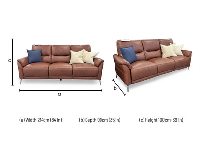 Technical dimension diagram for the Daytona Butterscotch Leather 3-Seater Sofa: Width 208cm, Depth 105cm, Height 75cm (headrests down).