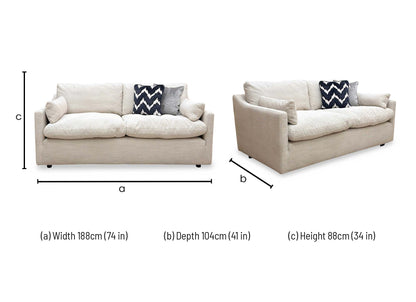 Technical dimension graphic illustrating the width, depth, and height of the Dream 2 seater.